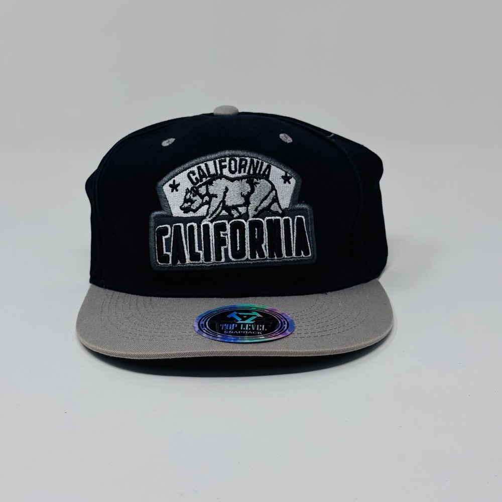 Top Level Hat Mens OS Black Grey California Republic Bear Snapback Flat Brim Cap